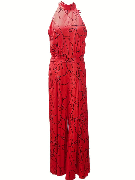 Chic Print Halter Tie Waist Wide Leg Jumpsuit