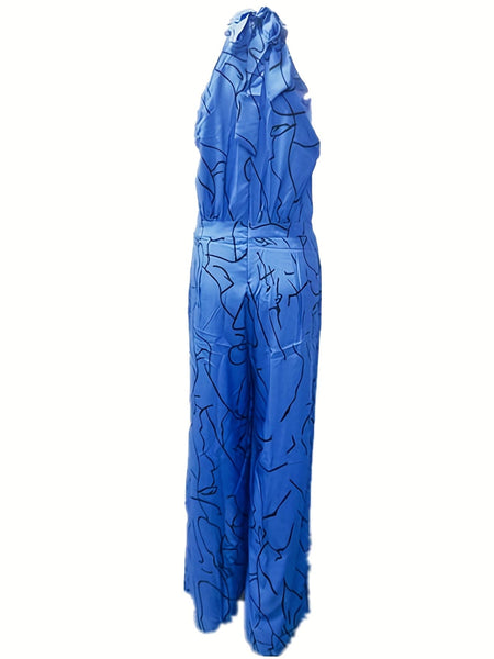 Chic Print Halter Tie Waist Wide Leg Jumpsuit
