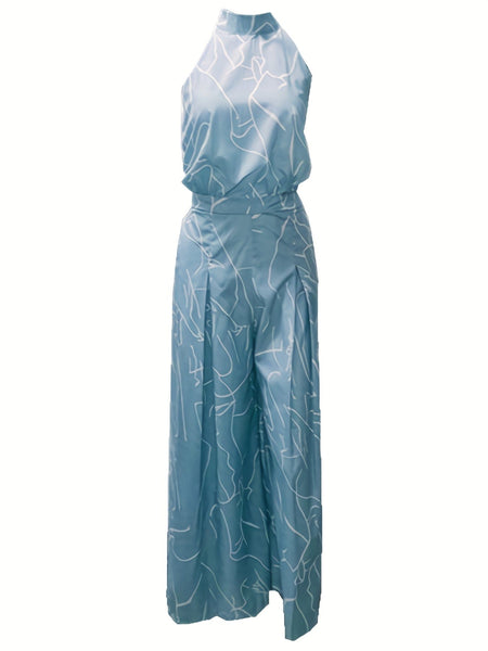 Chic Print Halter Tie Waist Wide Leg Jumpsuit