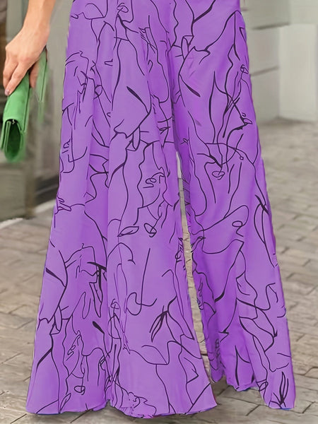 Chic Print Halter Tie Waist Wide Leg Jumpsuit
