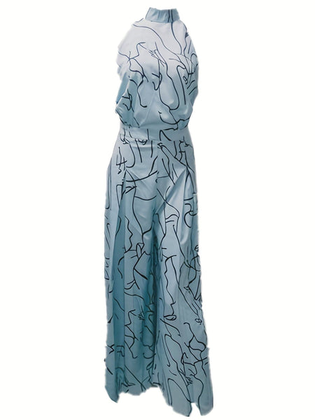 Chic Print Halter Tie Waist Wide Leg Jumpsuit