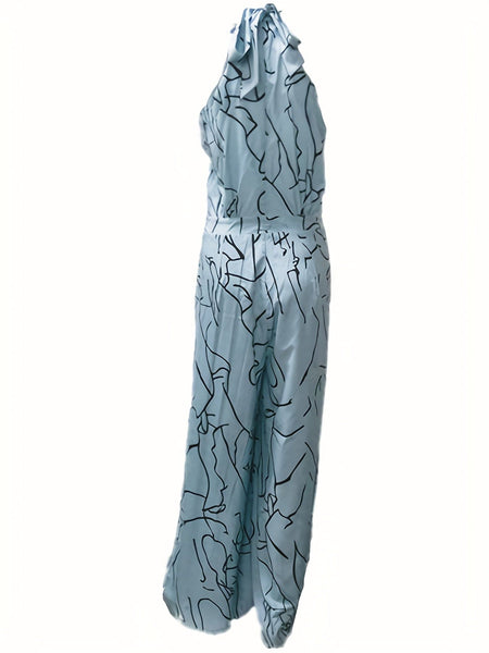 Chic Print Halter Tie Waist Wide Leg Jumpsuit
