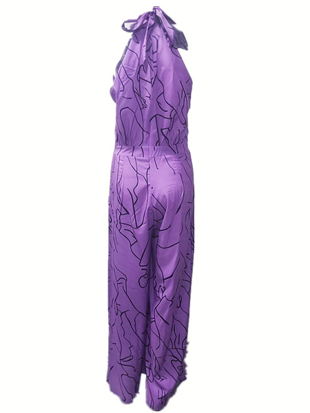 Chic Print Halter Tie Waist Wide Leg Jumpsuit