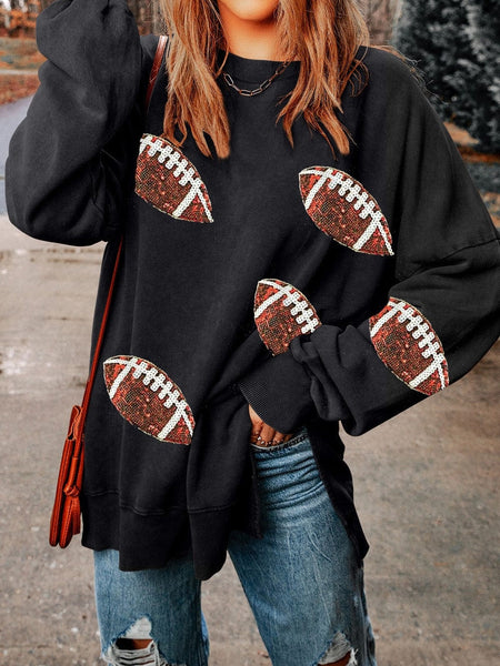 Chic Rugby Graphic Sequin Detail Sweatshirt for Casual Rugby Game Day Outfits