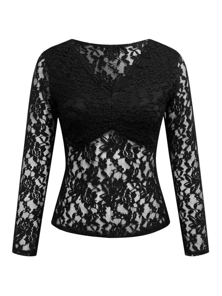 Chic Solid Lace Elegant V Neck Slim Fit Long Sleeve Blouse