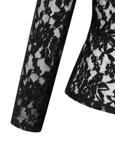 Chic Solid Lace Elegant V Neck Slim Fit Long Sleeve Blouse