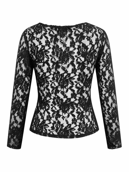 Chic Solid Lace Elegant V Neck Slim Fit Long Sleeve Blouse