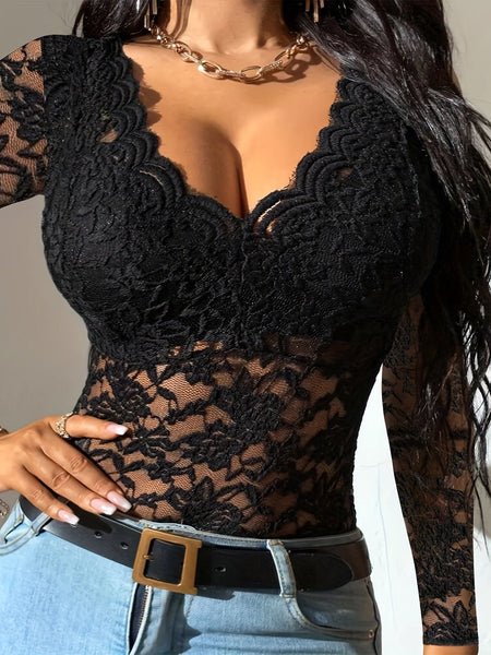 Chic Solid Lace Elegant V Neck Slim Fit Long Sleeve Blouse