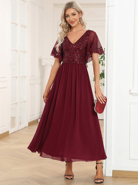 Women's Embellished Burgundy V-Neck Midi Mother of the Bride Dress