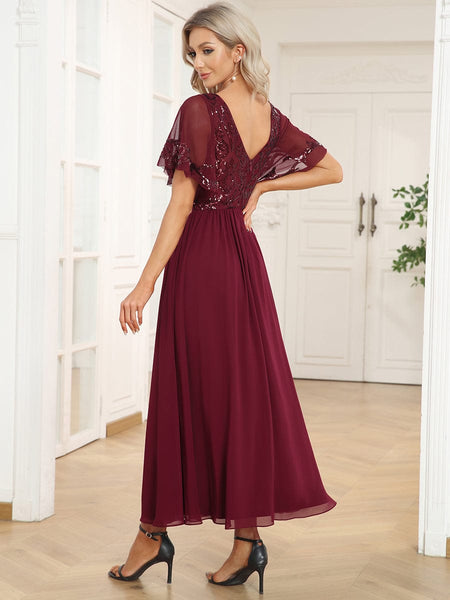Women's Embellished Burgundy V-Neck Midi Mother of the Bride Dress