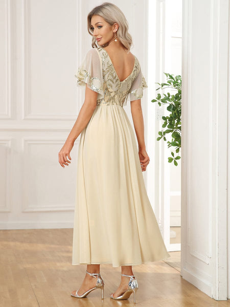 Women's Embellished Burgundy V-Neck Midi Mother of the Bride Dress