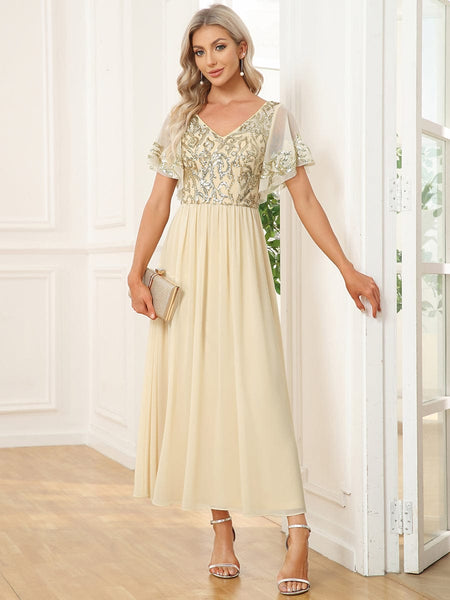 Women's Embellished Burgundy V-Neck Midi Mother of the Bride Dress