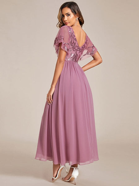 Women's Embellished Burgundy V-Neck Midi Mother of the Bride Dress
