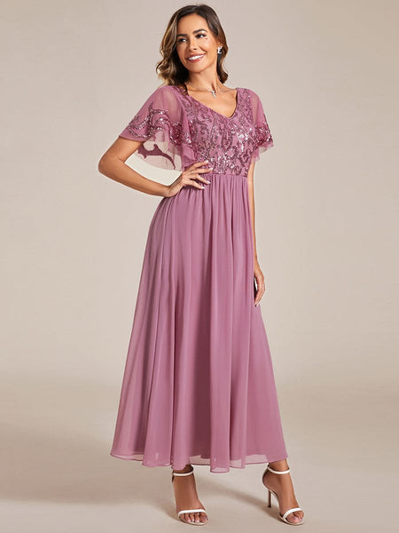 Women's Embellished Burgundy V-Neck Midi Mother of the Bride Dress