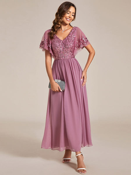 Women's Embellished Burgundy V-Neck Midi Mother of the Bride Dress