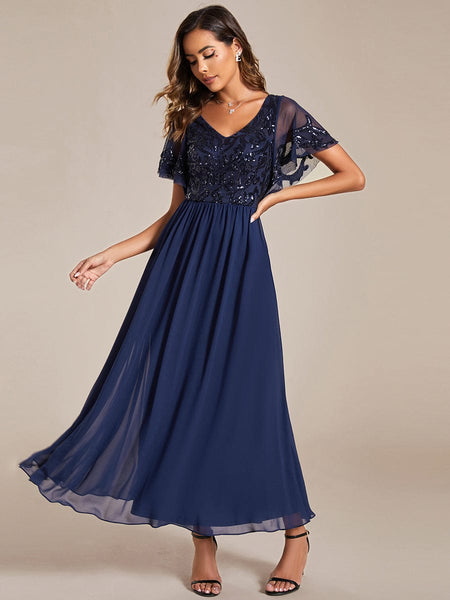 Women's Embellished Burgundy V-Neck Midi Mother of the Bride Dress