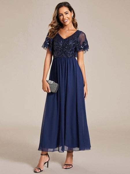 Women's Embellished Burgundy V-Neck Midi Mother of the Bride Dress