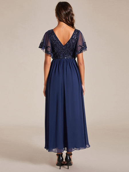 Women's Embellished Burgundy V-Neck Midi Mother of the Bride Dress