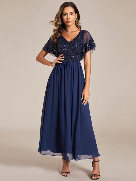 Women's Embellished Burgundy V-Neck Midi Mother of the Bride Dress