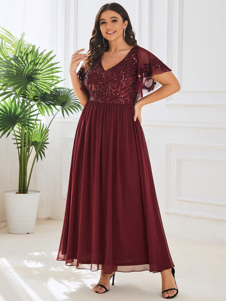 Women's Embellished Burgundy V-Neck Midi Mother of the Bride Dress