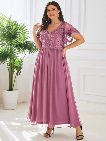 Women's Embellished Burgundy V-Neck Midi Mother of the Bride Dress