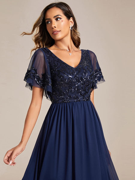 Women's Embellished Burgundy V-Neck Midi Mother of the Bride Dress