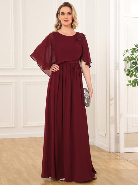 Chiffon Cape Mother of the Bride Dress with A-Line Silhouette and Floral Sequin Applique