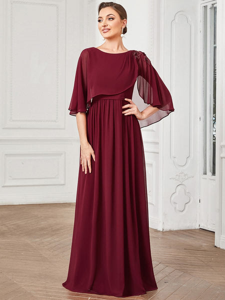 Chiffon Cape Mother of the Bride Dress with A-Line Silhouette and Floral Sequin Applique