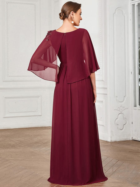 Chiffon Cape Mother of the Bride Dress with A-Line Silhouette and Floral Sequin Applique