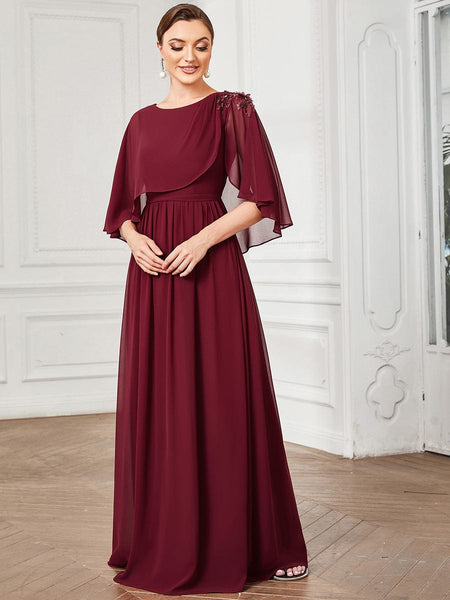 Chiffon Cape Mother of the Bride Dress with A-Line Silhouette and Floral Sequin Applique