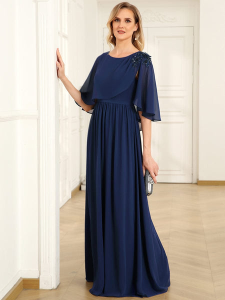 Chiffon Cape Mother of the Bride Dress with A-Line Silhouette and Floral Sequin Applique