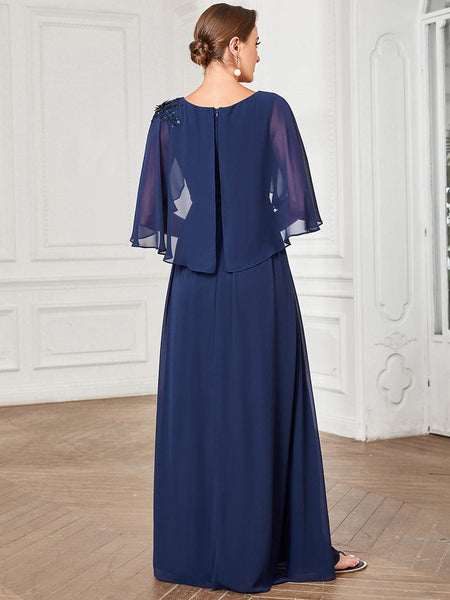 Chiffon Cape Mother of the Bride Dress with A-Line Silhouette and Floral Sequin Applique