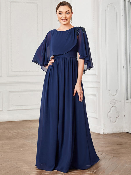 Chiffon Cape Mother of the Bride Dress with A-Line Silhouette and Floral Sequin Applique