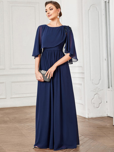 Chiffon Cape Mother of the Bride Dress with A-Line Silhouette and Floral Sequin Applique