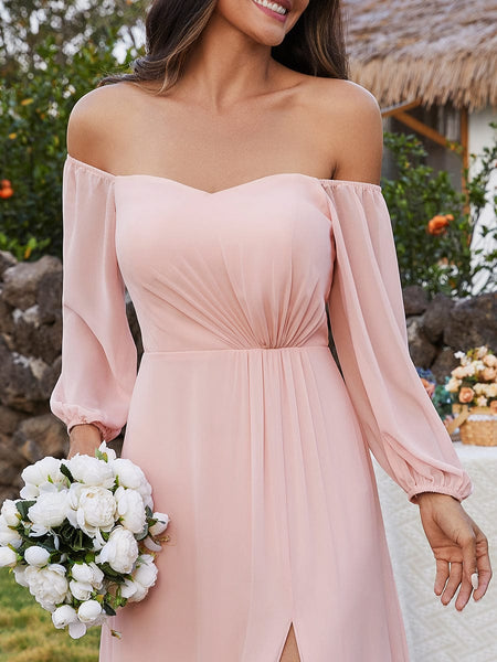 Chic Chiffon One-Shoulder Maxi Evening Gown With Lantern Sleeves