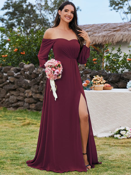 Chic Chiffon One-Shoulder Maxi Evening Gown With Lantern Sleeves