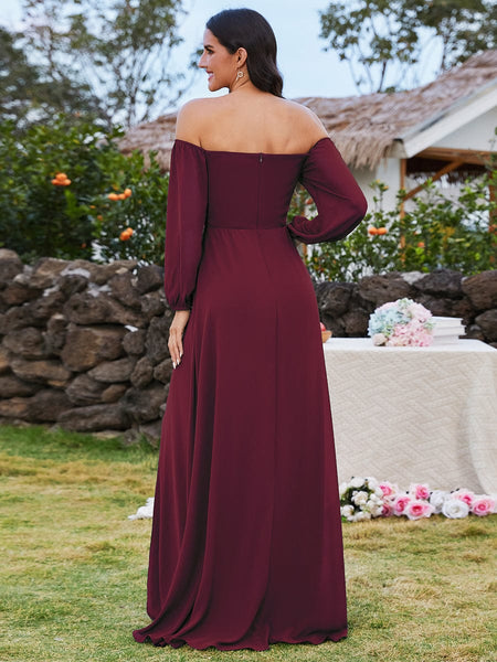 Chic Chiffon One-Shoulder Maxi Evening Gown With Lantern Sleeves