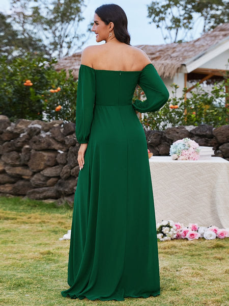 Chic Chiffon One-Shoulder Maxi Evening Gown With Lantern Sleeves