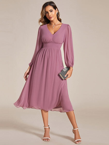 Chiffon Wedding Guest Dress with Knee Length and Long Sleeves