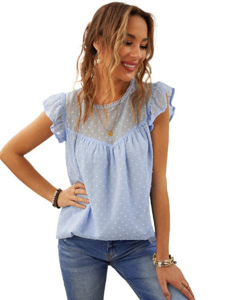 Chiffon Women'S Blouse With Ruffled Sleeveless Design In Jacquard Fabric
