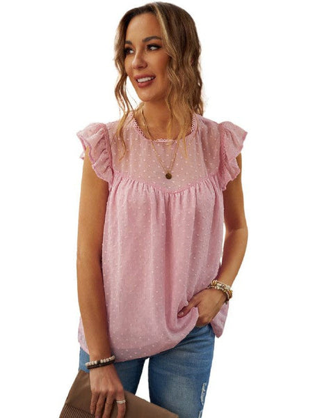 Chiffon Women'S Blouse With Ruffled Sleeveless Design In Jacquard Fabric