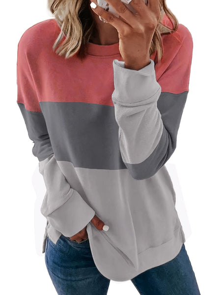 Color Block Crew Neck Long Sleeve Loose Pullover Hoodie