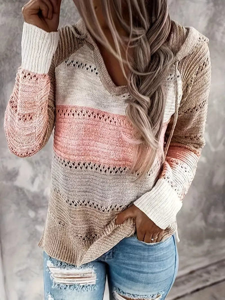Color Block Drawstring Long Sleeve Hooded Knit Sweater