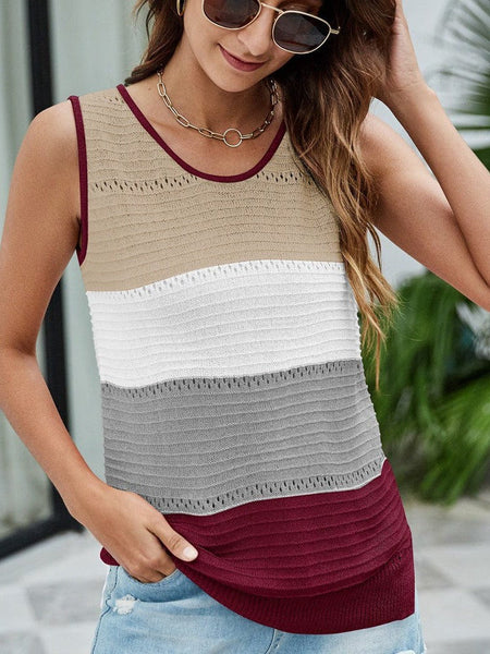 Color-blocking hollow-out sleeveless V-neck vest knit sweater for women