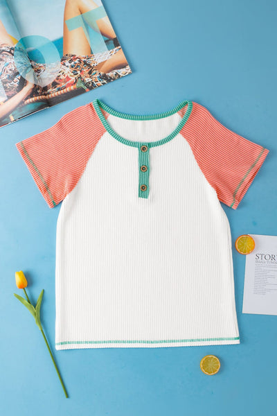 Colorblock Raglan Sleeve Textured White Henley T-shirt