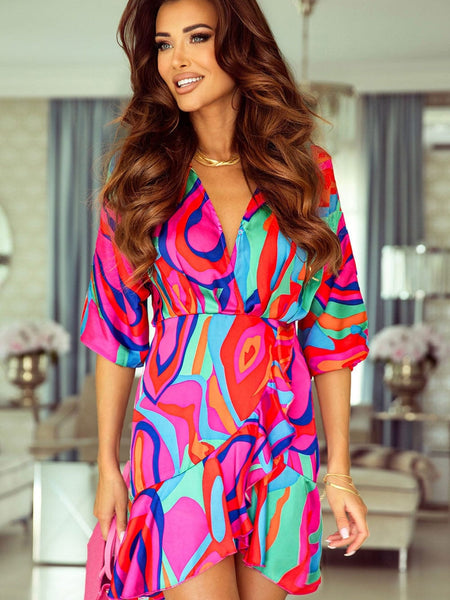 Women's Colorful Abstract Print V-Neck Dolman Sleeve Mini Dress with Ruffle Detail