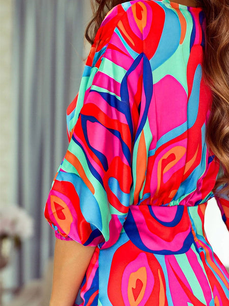 Women's Colorful Abstract Print V-Neck Dolman Sleeve Mini Dress with Ruffle Detail
