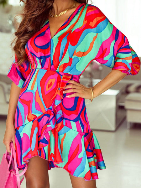 Women's Colorful Abstract Print V-Neck Dolman Sleeve Mini Dress with Ruffle Detail