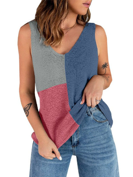 Colorful Sleeveless V-Neck Knitted Vest With Contrast Stitching For Women