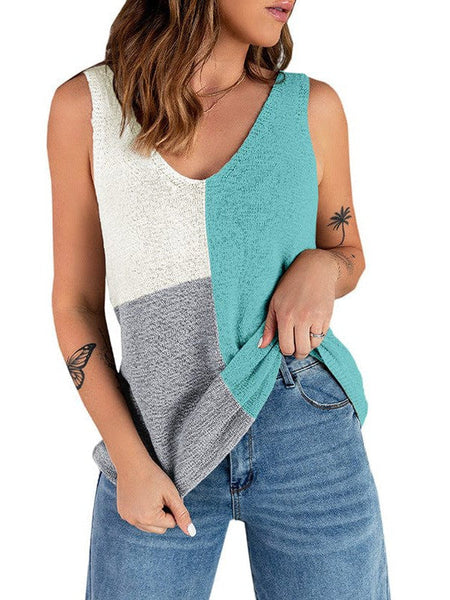 Colorful Sleeveless V-Neck Knitted Vest With Contrast Stitching For Women